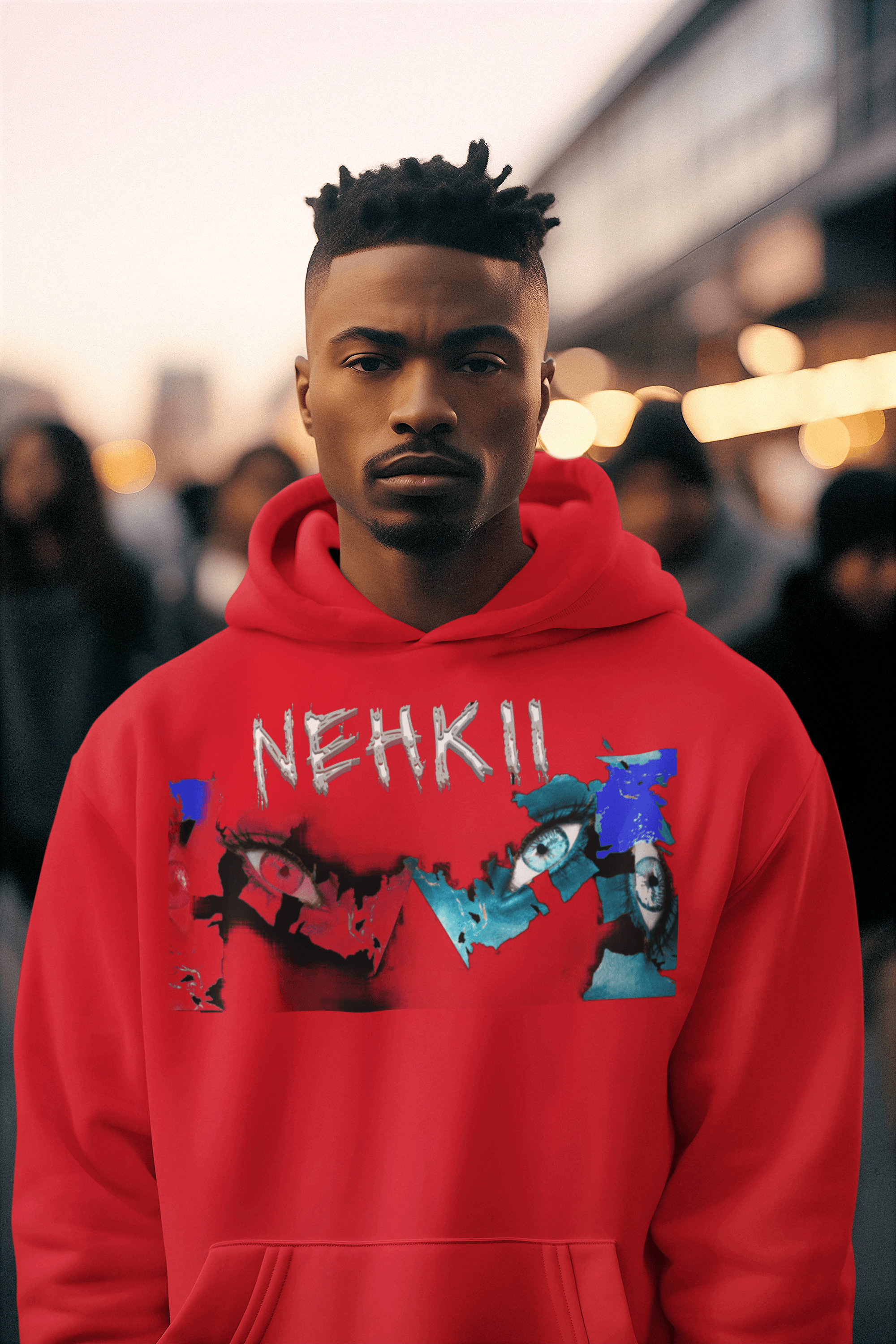 Red men's cotton hoodie with NEHKII graphic design. Crafted from organic fabric for sustainable and stylish comfort.