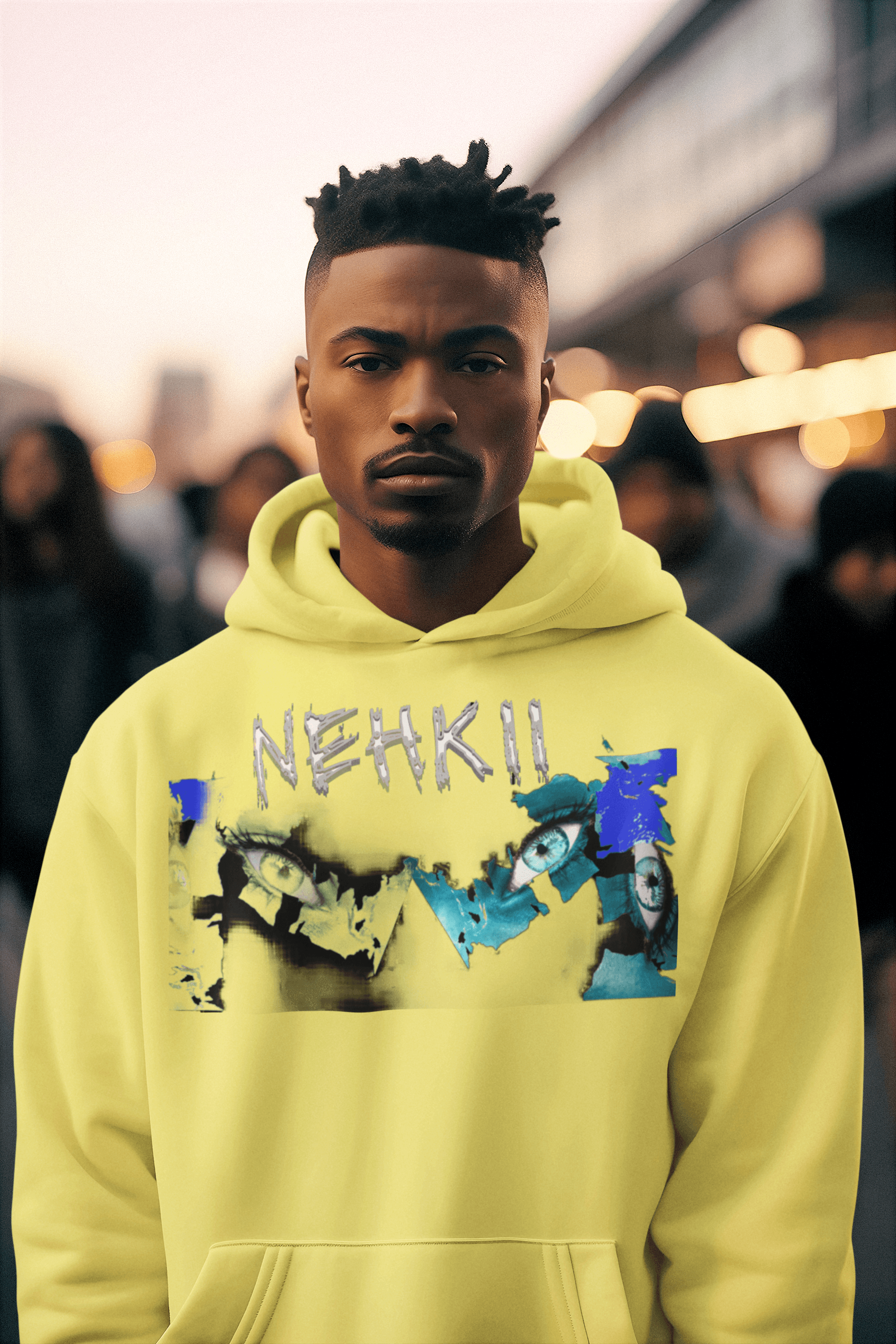 Yellow eco-friendly men's cotton hoodie with NEHKII street art print. Sustainable fashion for bold, conscious living.