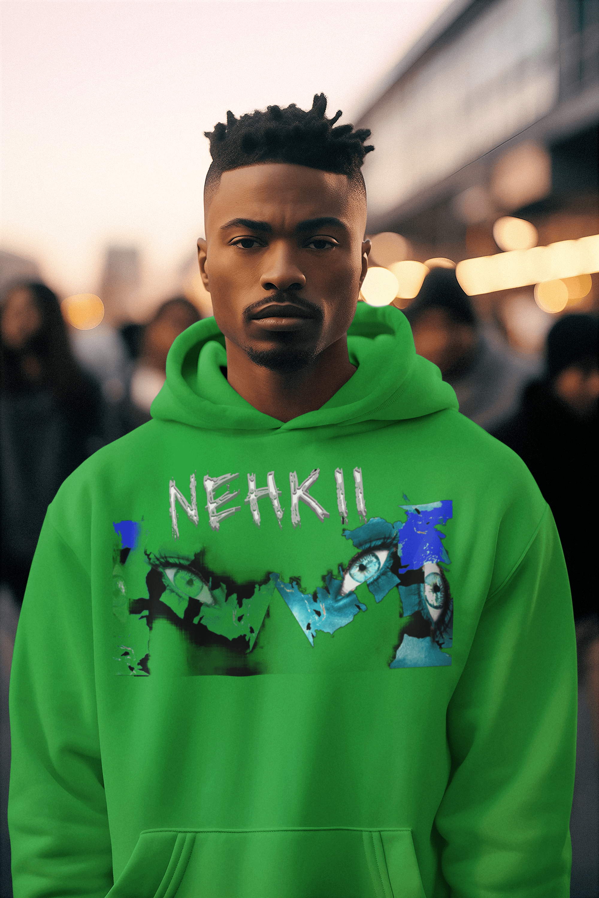 Green men's cotton hoodie with NEHKII graphic print. Sustainable fashion choice made from 100% organic cotton.