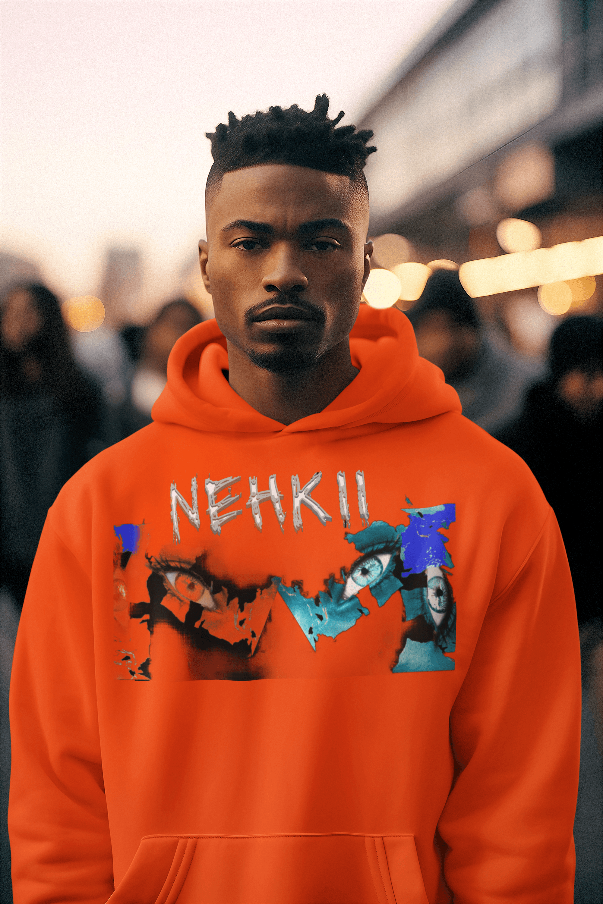 Orange men's cotton hoodie with NEHKII graphic. Eco-conscious design for bold and sustainable fashion statements.
