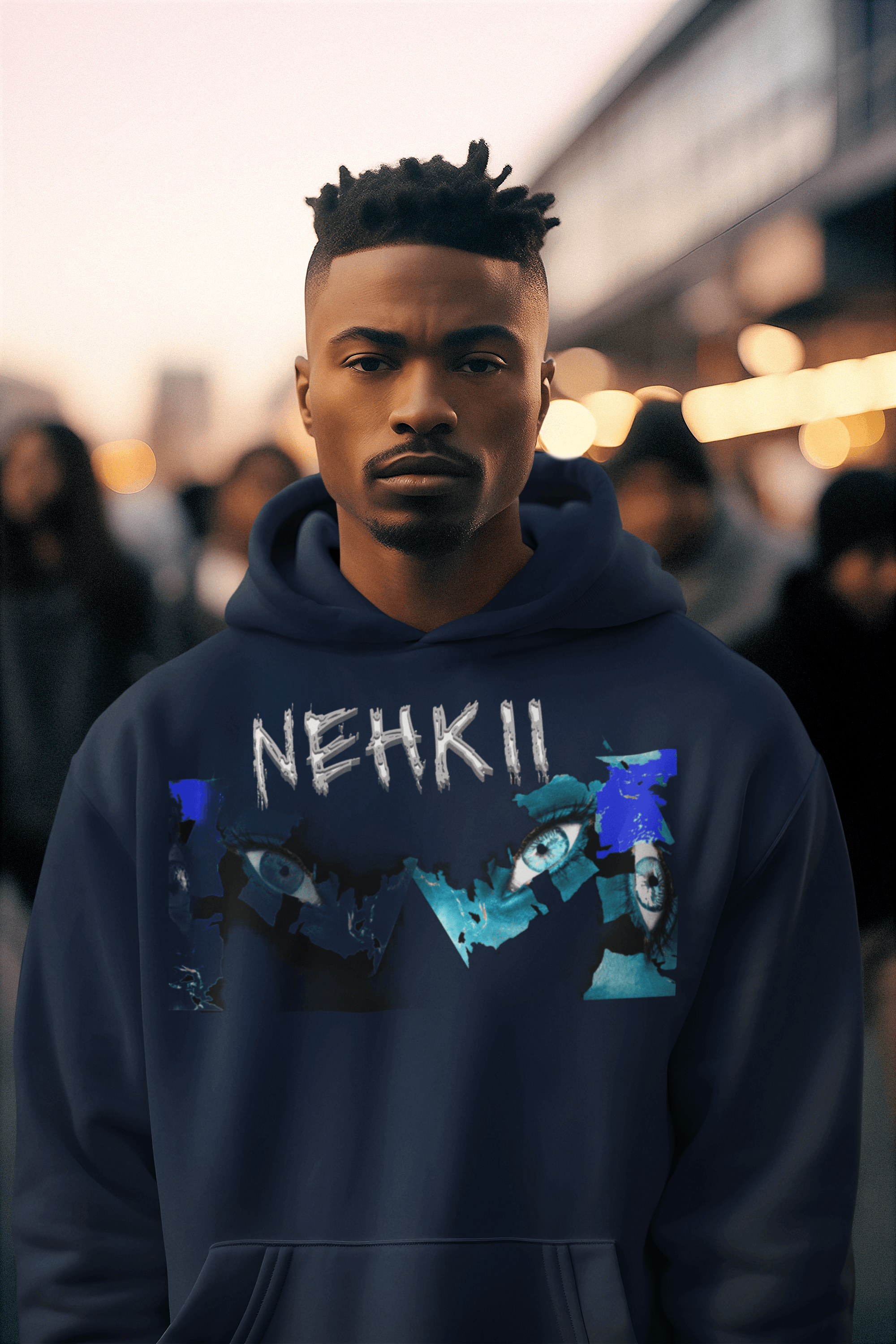 Navy blue eco-friendly men's cotton hoodie with NEHKII artwork. Sustainable streetwear for modern, mindful fashion.