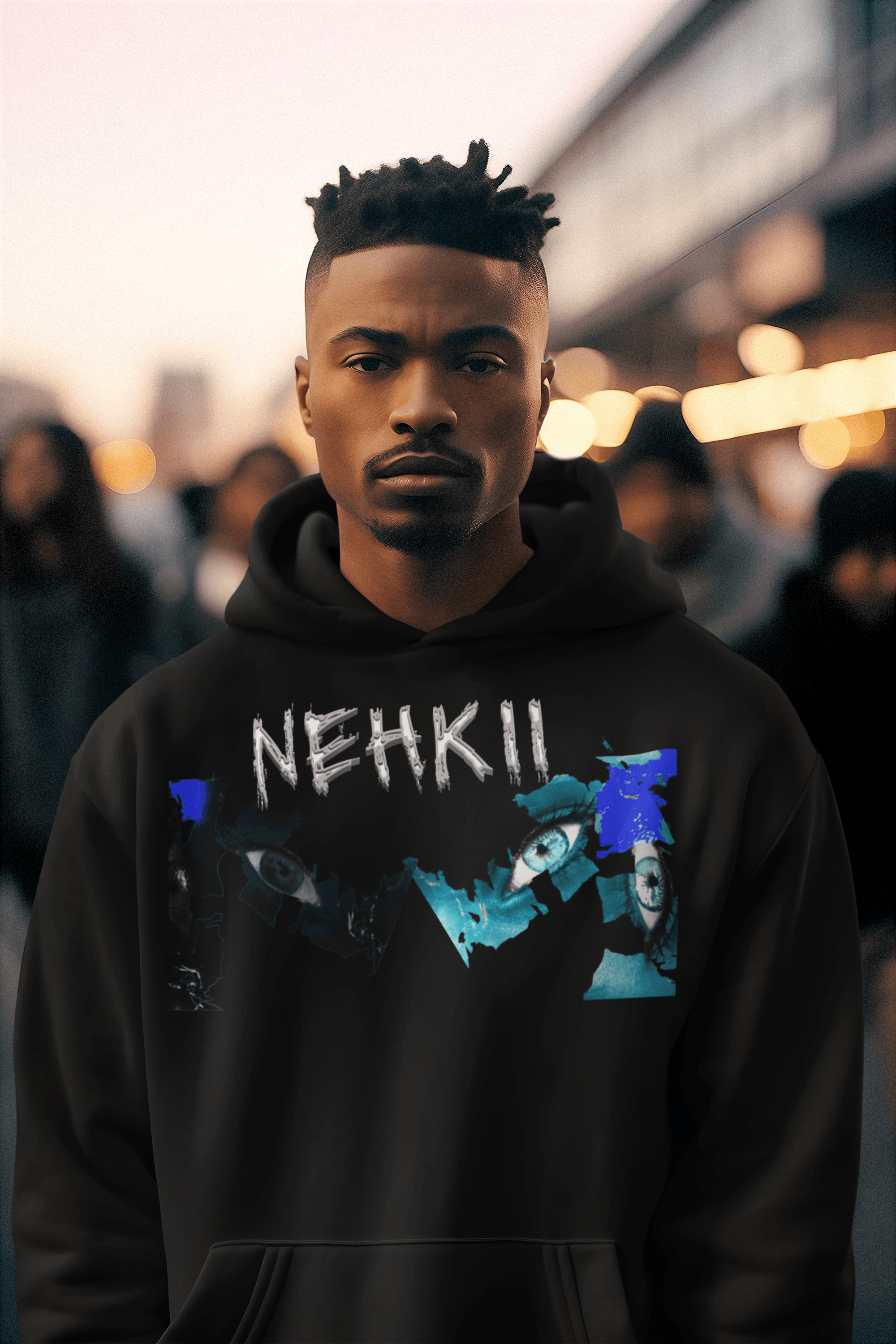 Black eco-friendly men's cotton hoodie with NEHKII design. Sustainable comfort meets edgy streetwear fashion.