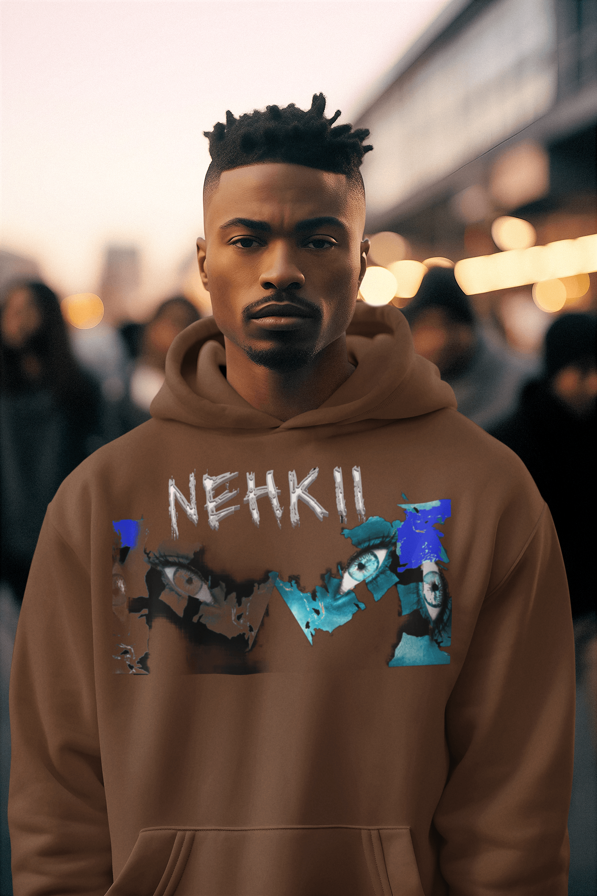 Brown men's cotton hoodie featuring NEHKII artwork. Made from organic materials for a sustainable and stylish wardrobe.