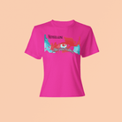 Pink sustainable t-shirt with artistic 'Love Our Planet' design. Lightweight and perfect for eco-aware fashion statements.