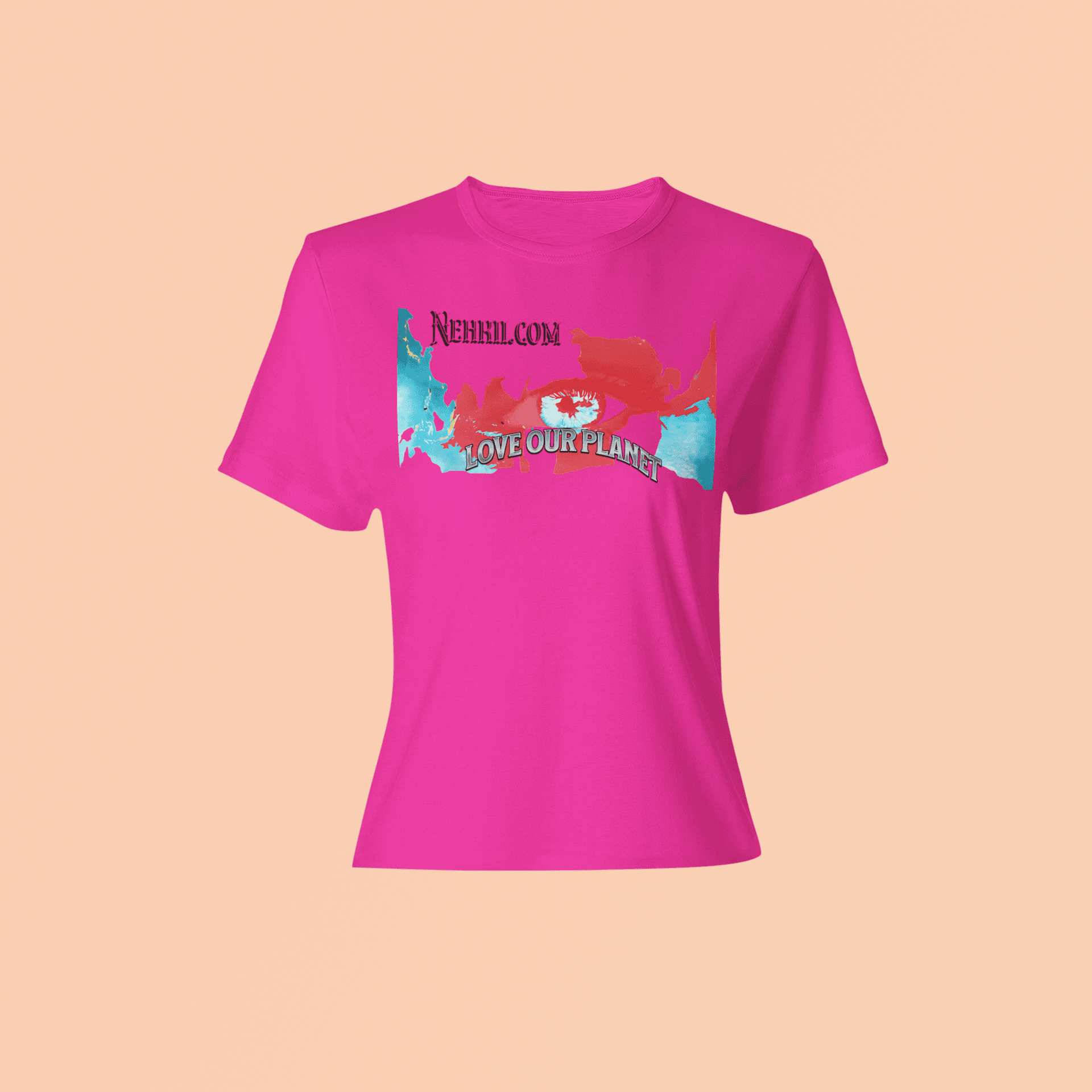 Pink sustainable t-shirt with artistic 'Love Our Planet' design. Lightweight and perfect for eco-aware fashion statements.