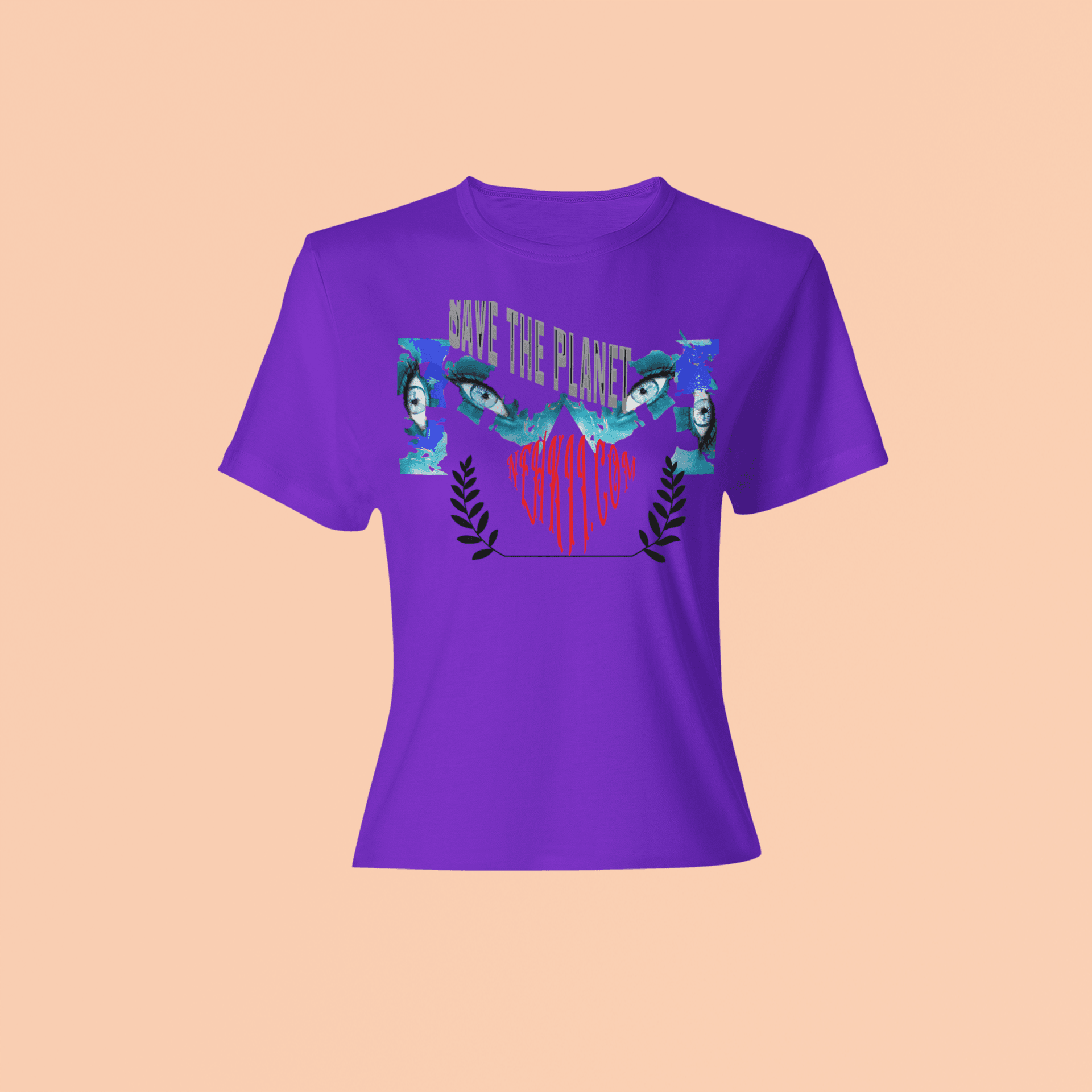 Purple Eco Inspire T-Shirt showcasing artistic 'Save the Planet' print. Lightweight, eco-friendly tank top perfect for casual eco fashion.
