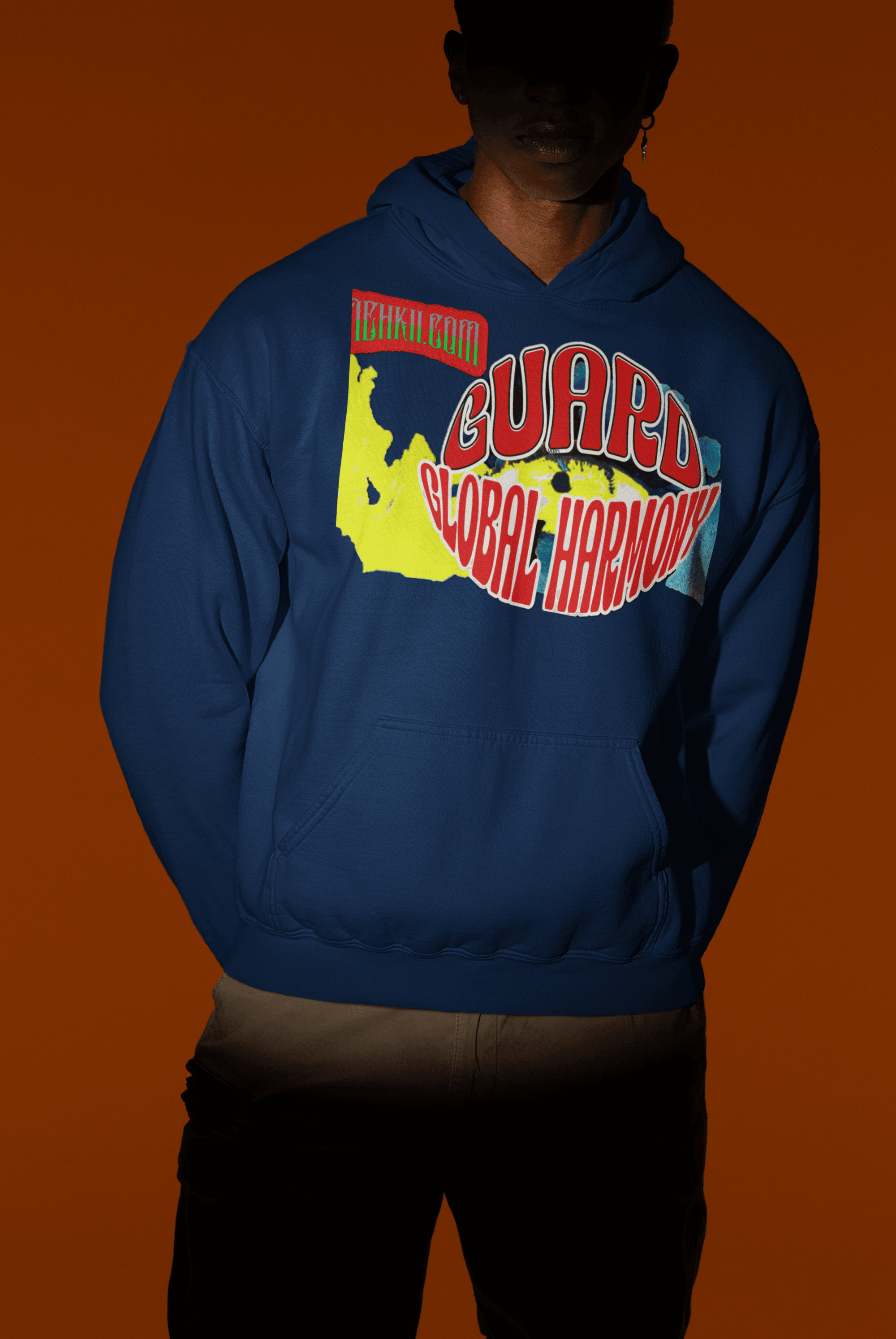Navy blue eco-friendly women’s crop hoodie crafted from cotton, featuring colorful 'Guard Global Harmony' print for conscious fashion.