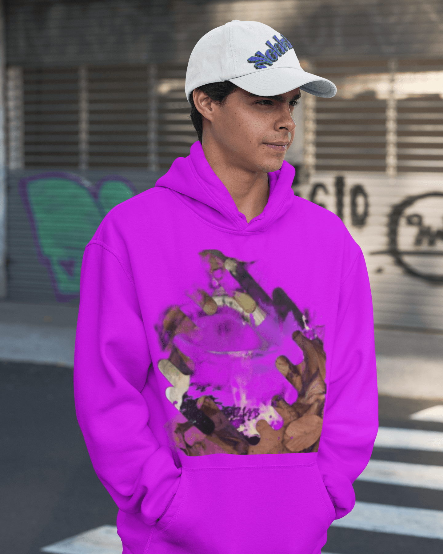 Bright purple men's hoodie with artistic print, offering premium quality and stylish comfort for modern casual looks.