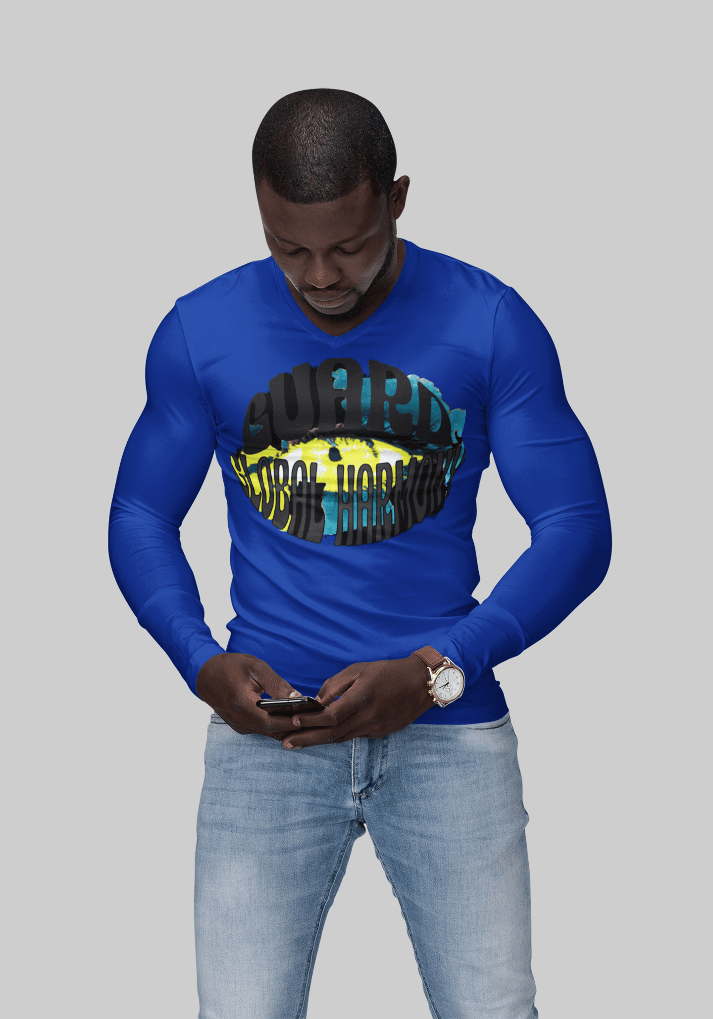 Royal blue men’s long sleeve t-shirt with 'Guard Dubai Harbor' print, stylish and comfortable for everyday streetwear.