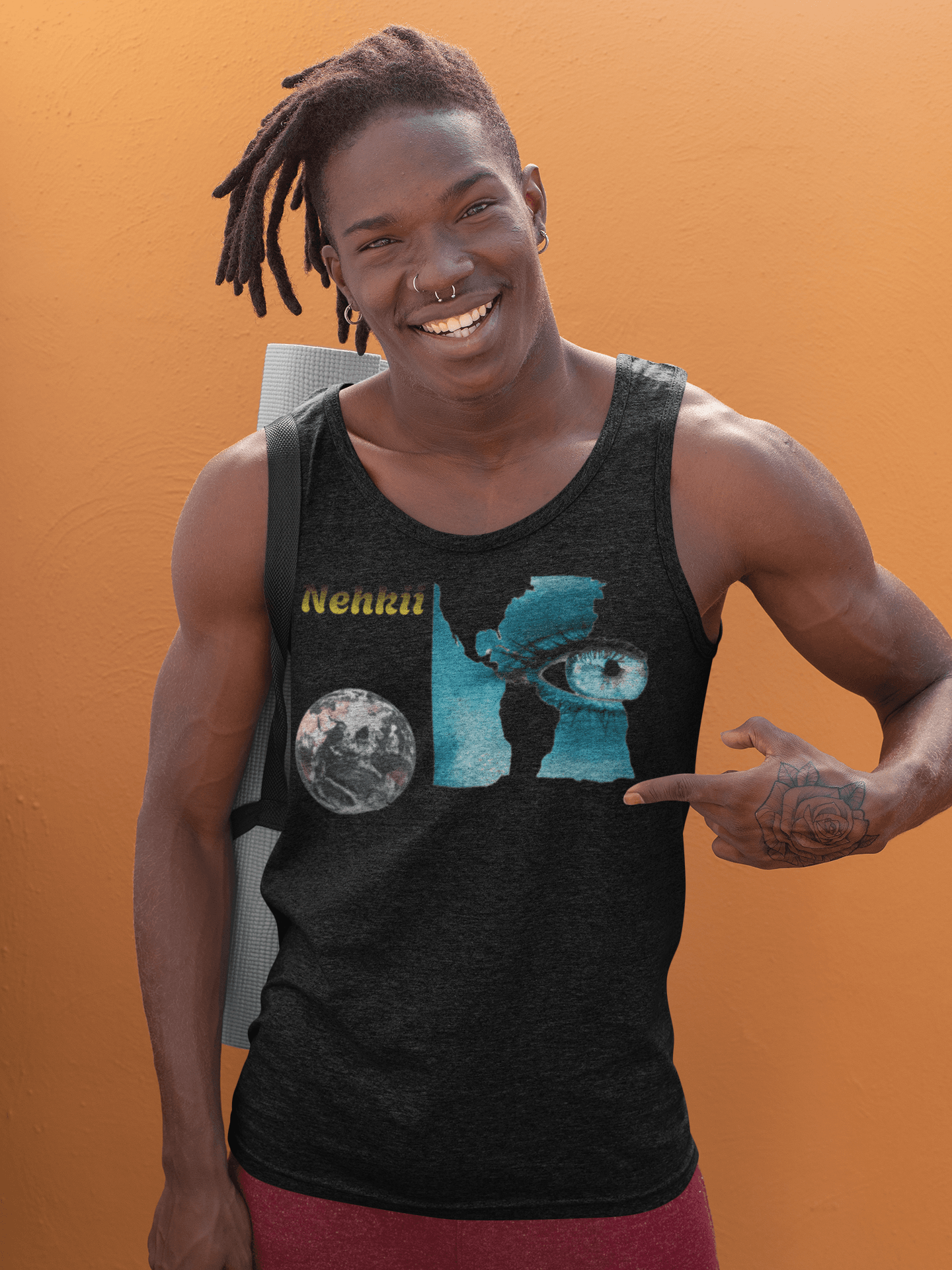 Earth Soul Tank Top - Eco-friendly Men's Tank in black with unique Earth and eye print, ideal for casual summer outfits.