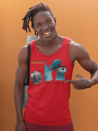 Men's Earth Soul Tank Top in red heather, showcasing eco-inspired Earth and eye artwork, crafted from soft, breathable cotton.