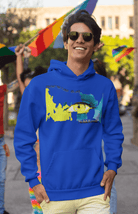 Royal blue eco-friendly cotton hoodie for men with vivid environmental-themed graphic, perfect for sustainable street fashion.