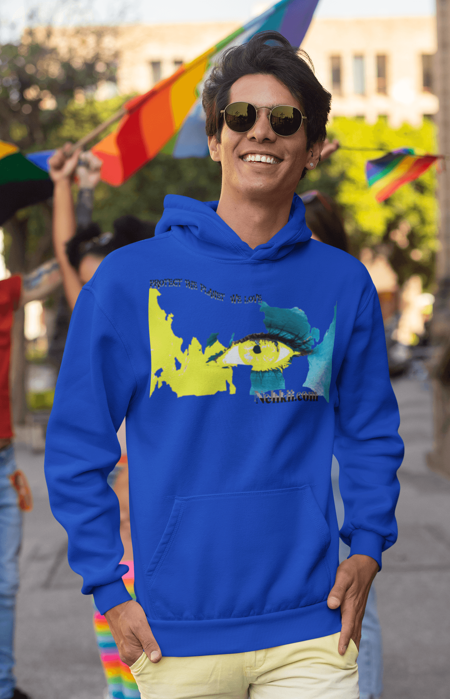 Royal blue eco-friendly cotton hoodie for men with vivid environmental-themed graphic, perfect for sustainable street fashion.