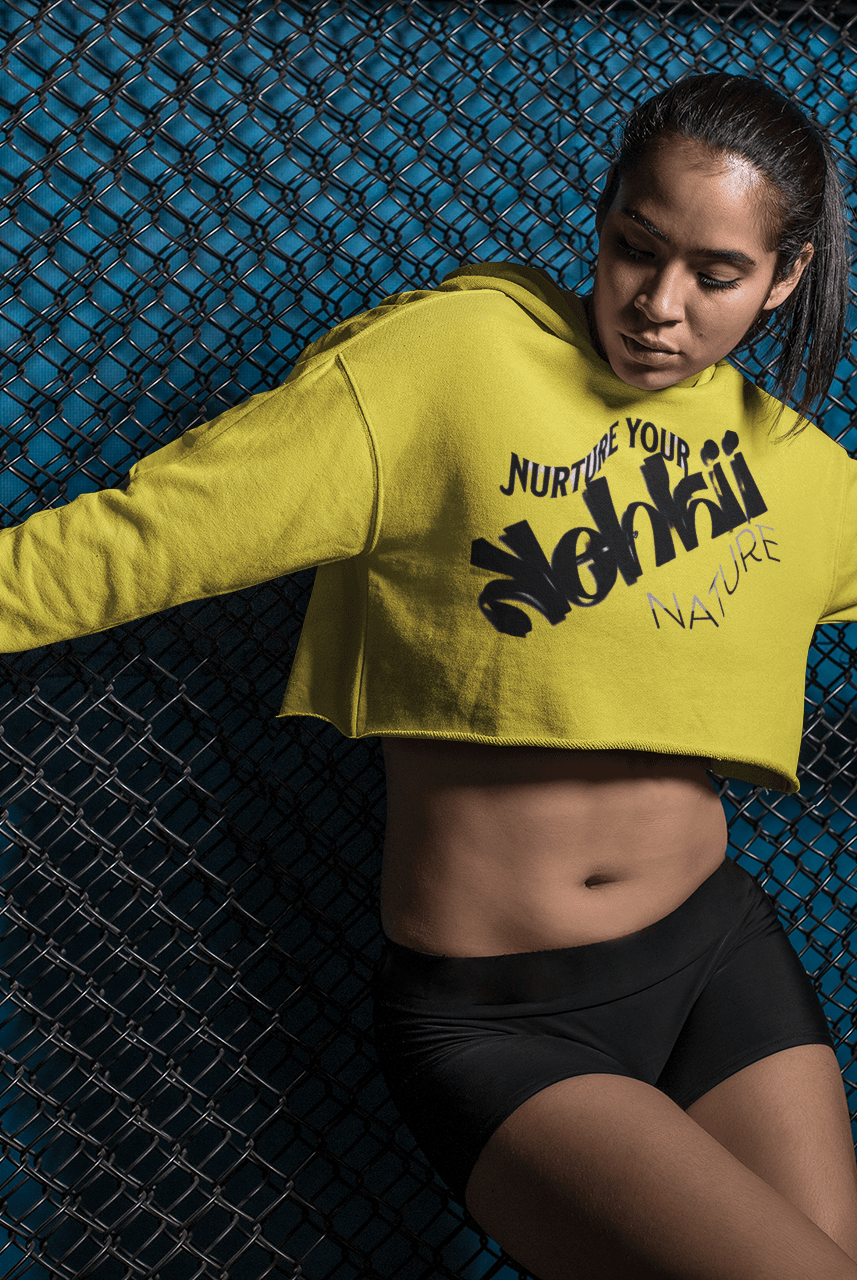 Women's Graphic Hoodie - Bold Style Fierce Spirit in yellow, cropped silhouette with fierce black graphic, great for bold fashion statements.