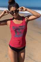 Spirit Tank Top for Women in deep red with striking eye and world map artwork. Organic cotton tank top for stylish, eco-friendly fashion.