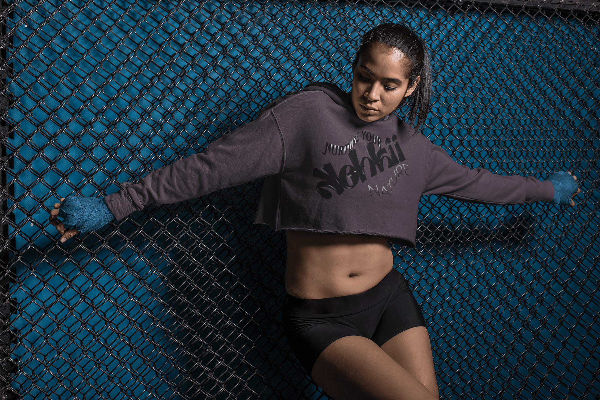 Women's Graphic Hoodie - Bold Style Fierce Spirit in charcoal grey, cropped fit with bold black text, ideal for edgy and athletic fashion.