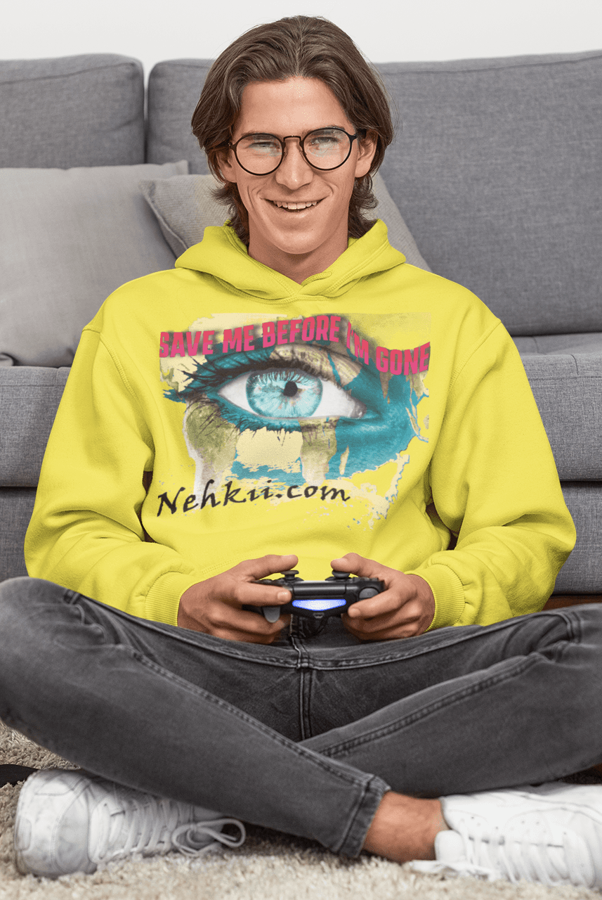 Yellow Awakening Hoodie for Men with bold eye artwork and eco-conscious message. Crafted from 100% cotton for sustainable style.