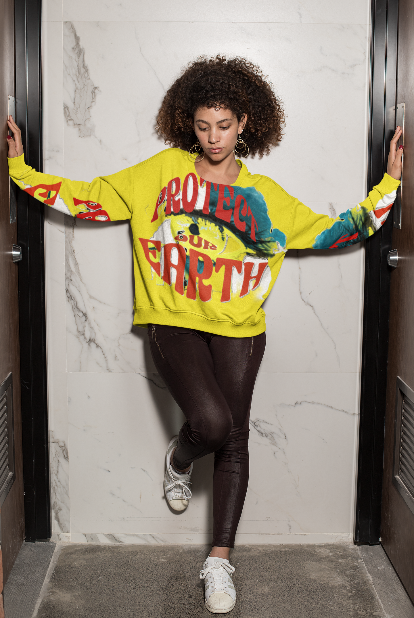 Bright yellow Eco Cotton Women's Sweatshirt with environmental message print, ideal for sustainable fashion lovers seeking bold comfort.