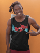 Black men's sustainable cotton tank top with vivid eye and map design, offering comfort and eco-friendly fashion for warm weather.