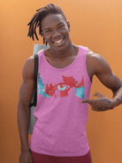 Pink men's eco-friendly cotton tank top featuring a vibrant eye and map design, perfect for breathable and ethical summer wear.