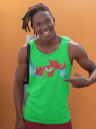 Green eco-friendly men's tank top with bold eye and map artwork, made from breathable cotton for planet-safe summer comfort.