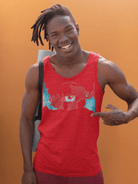 Men's eco-friendly red tank top made from pure cotton with bold abstract eye and map graphic, ideal for sustainable summer fashion.