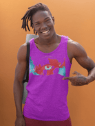 Purple men's cotton tank top with artistic eye and map print, ethically made for stylish and sustainable summer apparel.