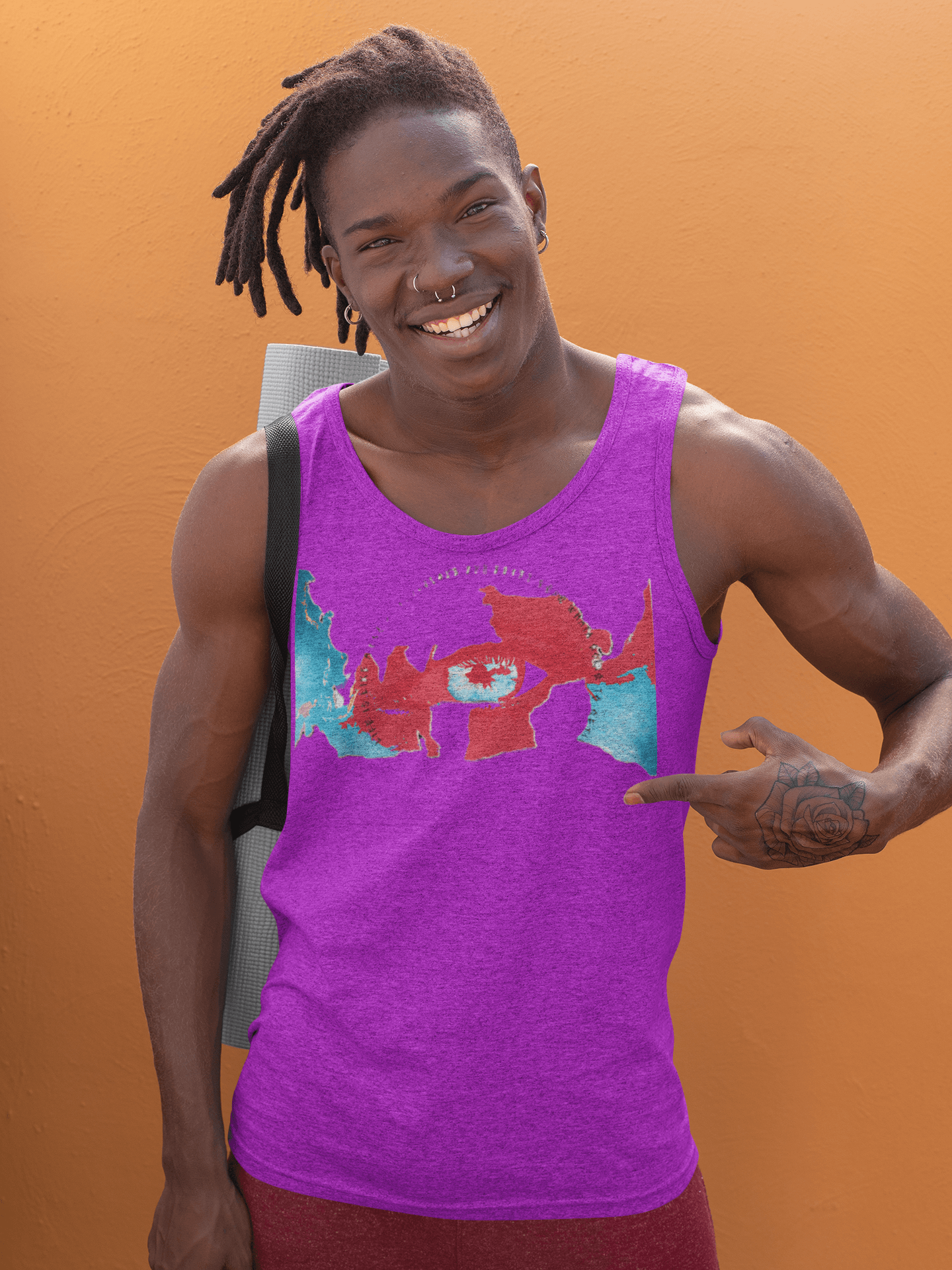 Purple men's cotton tank top with artistic eye and map print, ethically made for stylish and sustainable summer apparel.