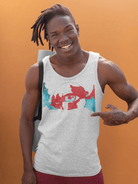 Light gray men's eco-conscious tank top featuring a red and blue eye graphic, made from 100% breathable cotton for summer wear.
