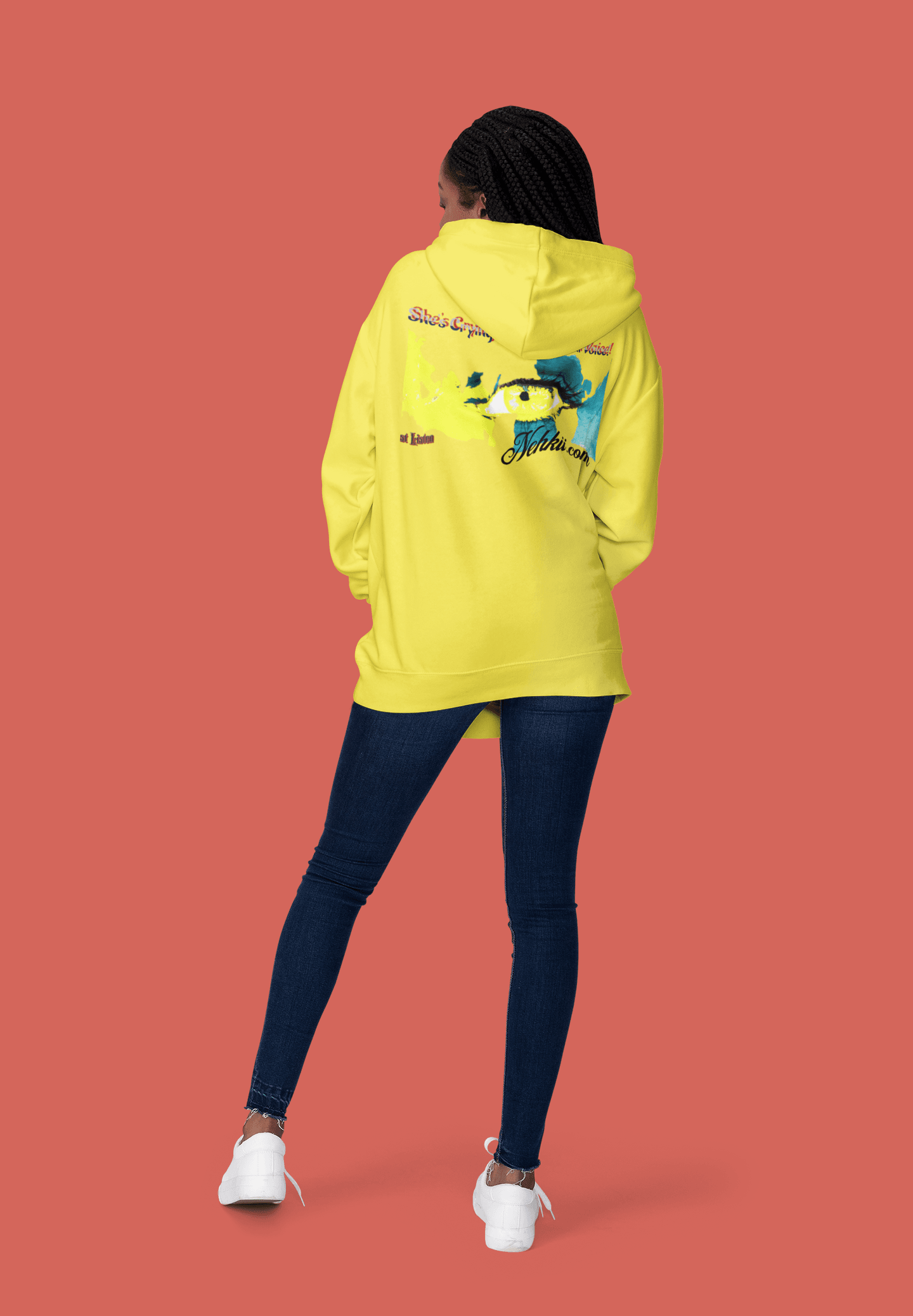 Yellow slim fit women's hoodie made from eco-friendly fabric with artistic back print. Breathable and flattering for activewear use.