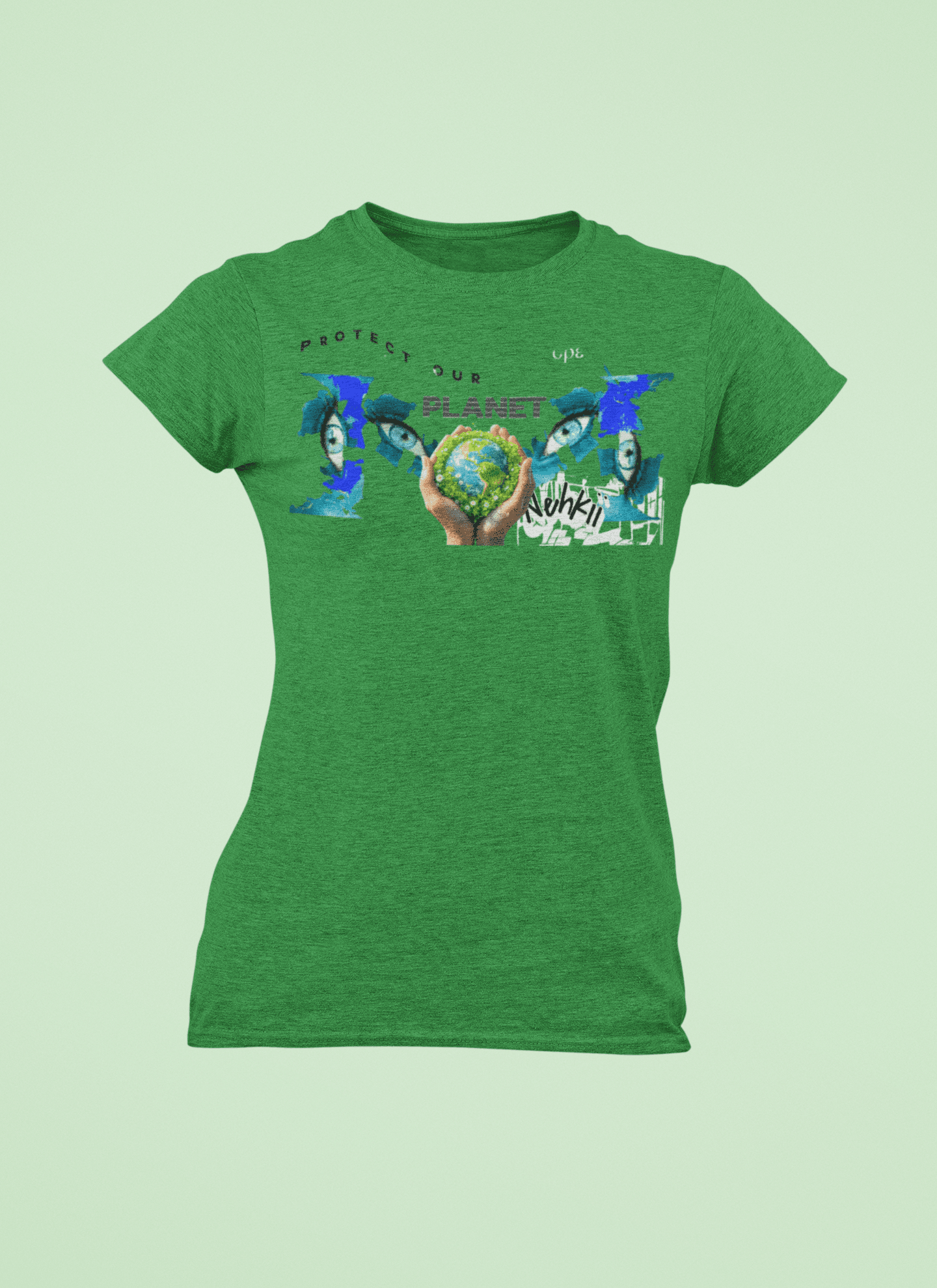 Green Eco T-Shirt for Women with artistic earth design. 100% cotton tee ideal for promoting sustainability and awareness.