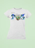 White Eco T-Shirt for Women with colorful earth-themed print. Soft 100% cotton fabric supports eco-friendly fashion choices.