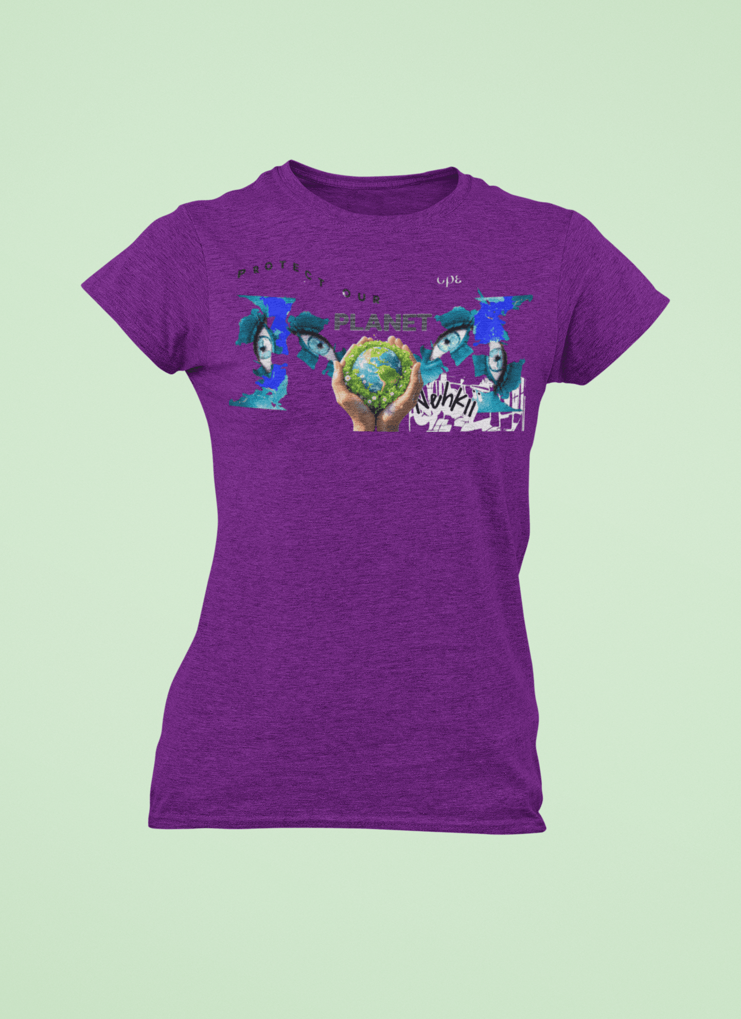 Purple Eco T-Shirt for Women showcasing a vibrant planet-saving message. Crafted from 100% cotton for eco-conscious wearers.