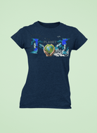 Navy Eco T-Shirt for Women featuring a globe and activist-themed print. Made from 100% cotton for eco-friendly fashion statements.