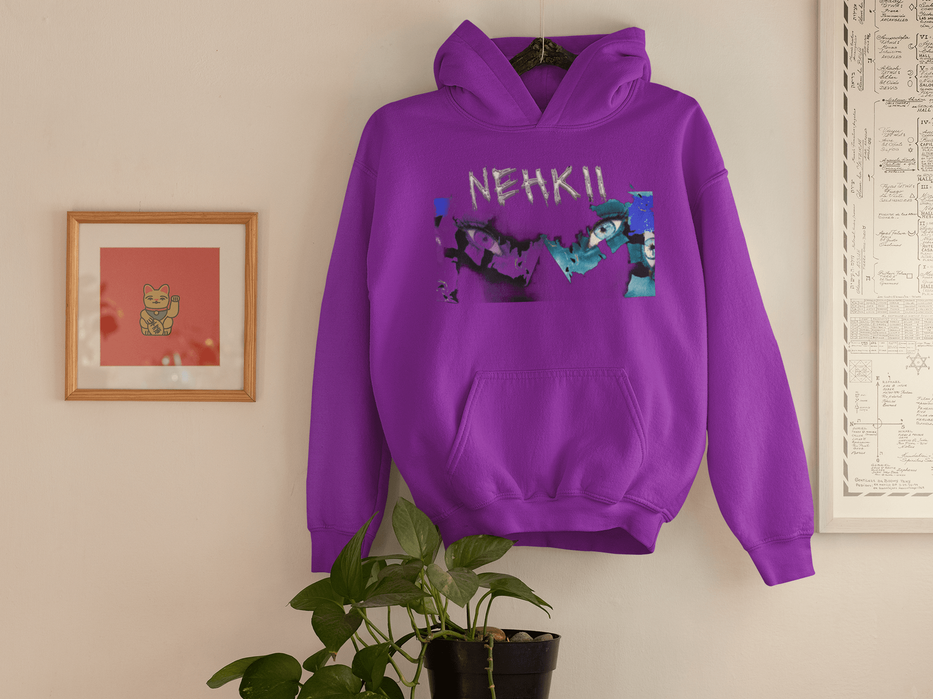 Sustainable men's cotton hoodie in purple with bold NEHKII graphic, made from pure cotton for eco-conscious streetwear style.