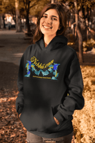 Earth Bound Women Hoodies - Shop Now for Style & Comfort. Black hoodie with colorful Earth-themed graphic, perfect for casual outdoor wear.