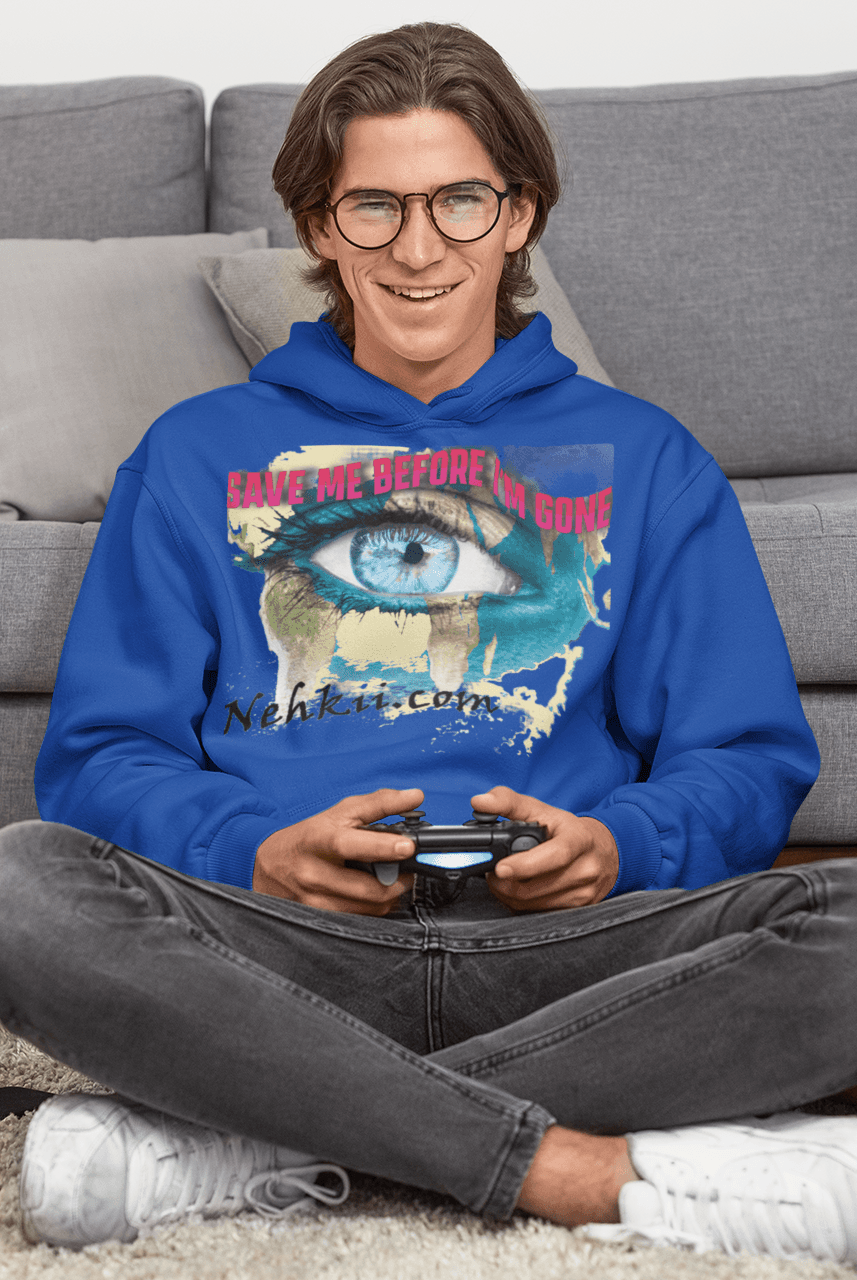 Awakening Hoodie for Men in royal blue with eye graphic and spiritual message. Eco-conscious 100% cotton hoodie for mindful streetwear style.