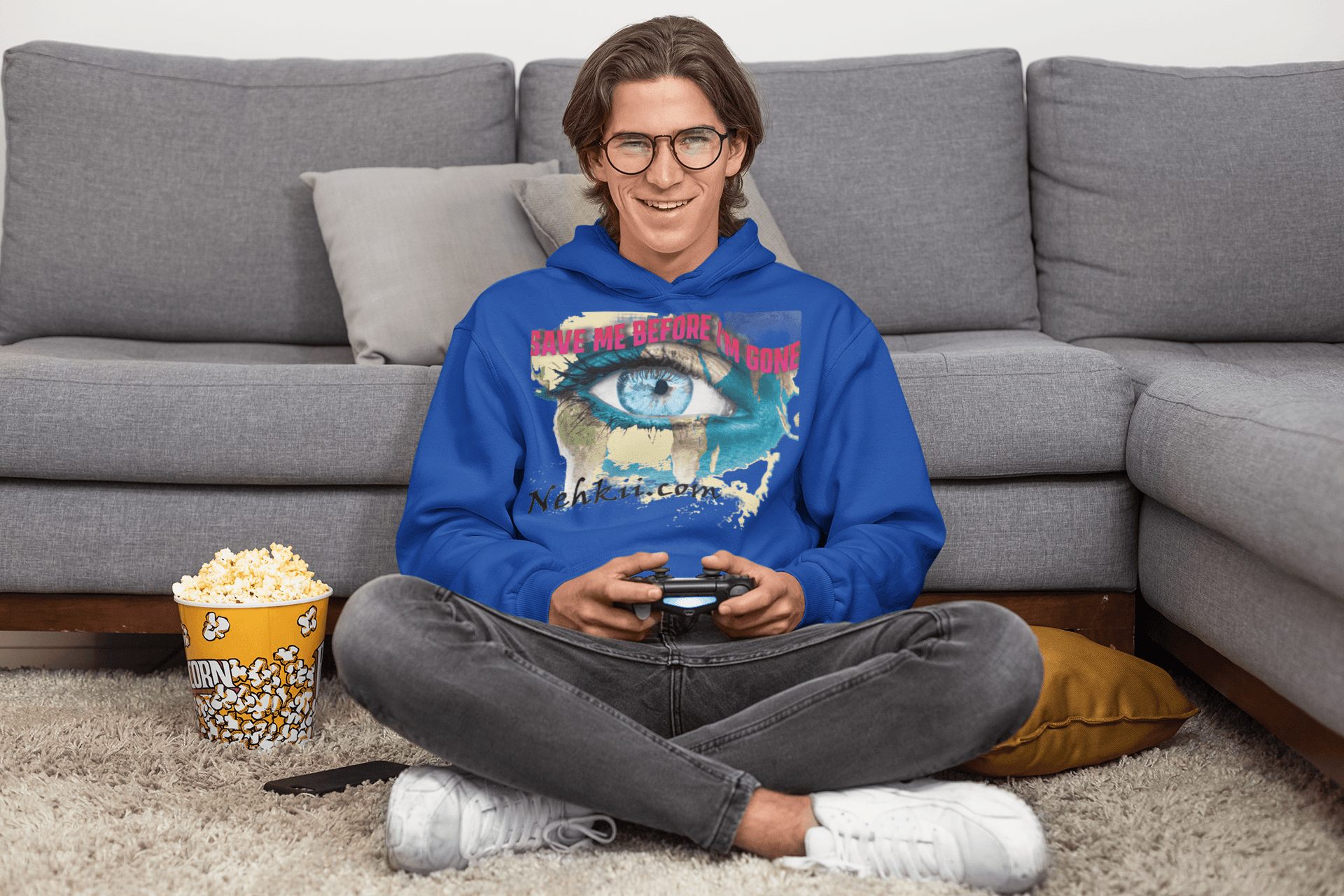 Awakening Hoodie for Men in royal blue with eye graphic and spiritual message. Eco-conscious 100% cotton hoodie for mindful streetwear style.