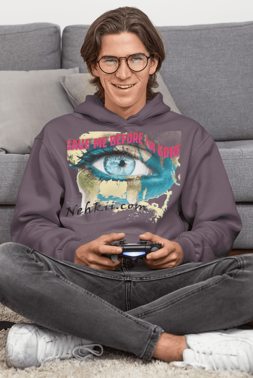 Charcoal Awakening Hoodie for Men showcasing eye design and mindful message. 100% cotton hoodie promoting eco-conscious lifestyle.