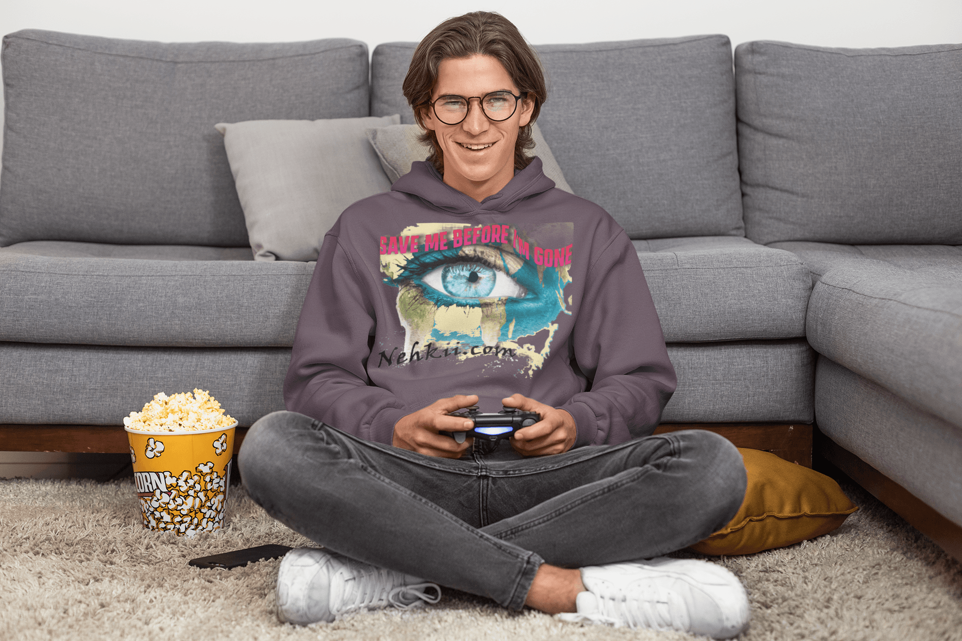 Charcoal Awakening Hoodie for Men showcasing eye design and mindful message. 100% cotton hoodie promoting eco-conscious lifestyle.