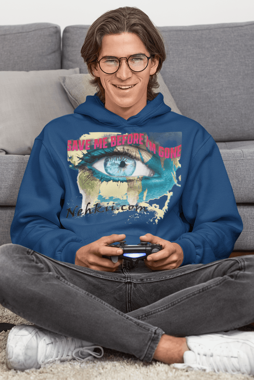 Royal blue Awakening Hoodie for Men with eye-themed graphic and eco-spiritual message. Sustainable 100% cotton hoodie for conscious living.