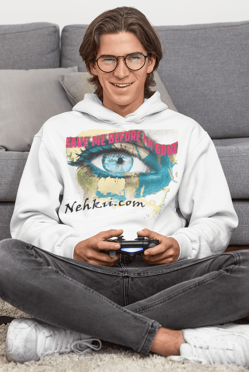 White Awakening Hoodie for Men featuring bold eye design and text. Made from 100% pure cotton for sustainable and spiritual fashion.
