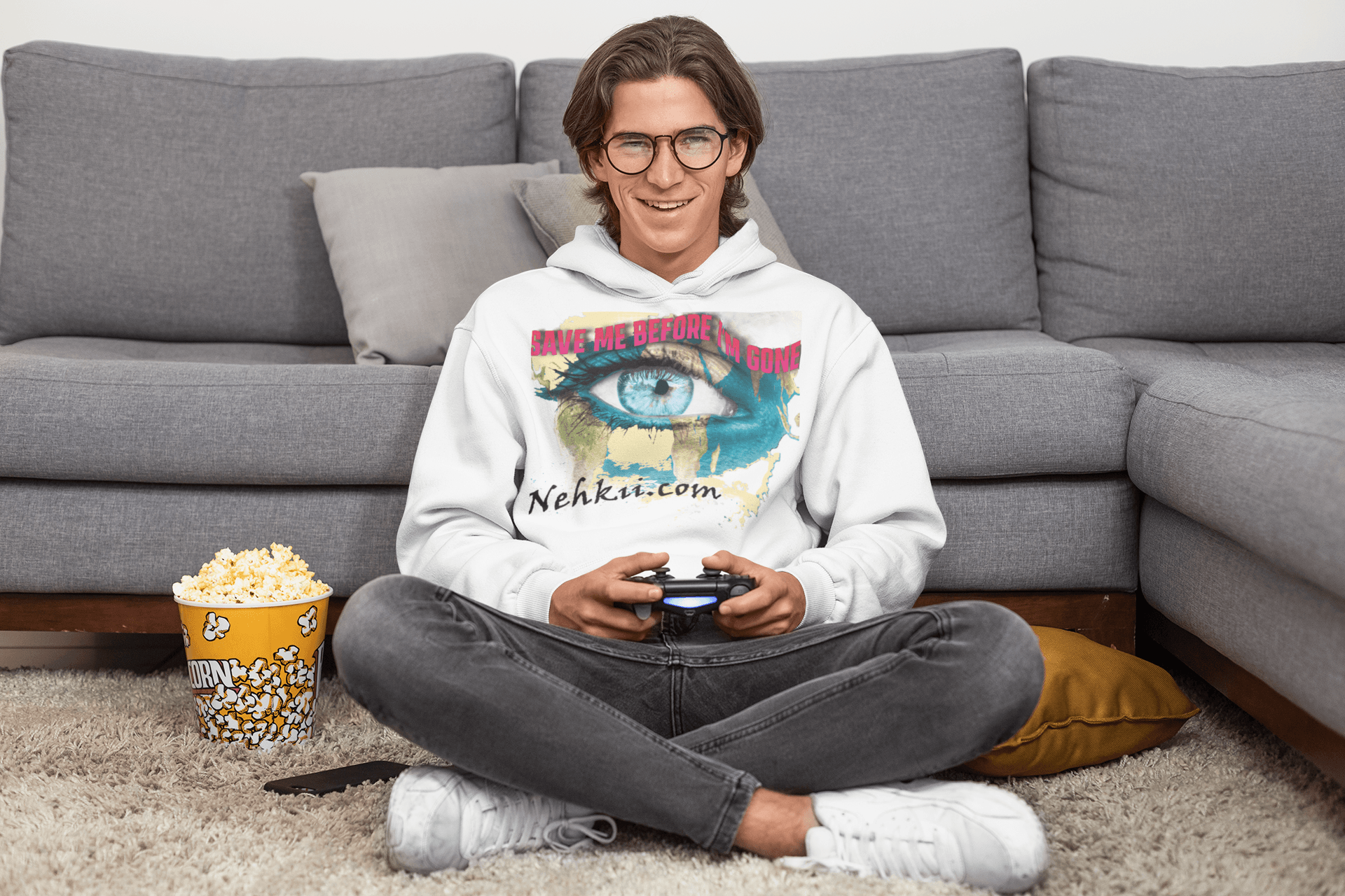 White Awakening Hoodie for Men featuring bold eye design and text. Made from 100% pure cotton for sustainable and spiritual fashion.