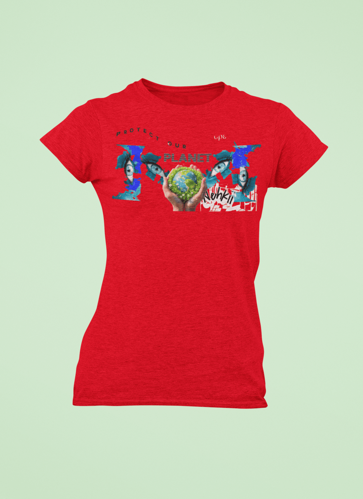 Red Eco T-Shirt for Women featuring a globe and protest art design. 100% cotton tee ideal for sustainable apparel lovers.