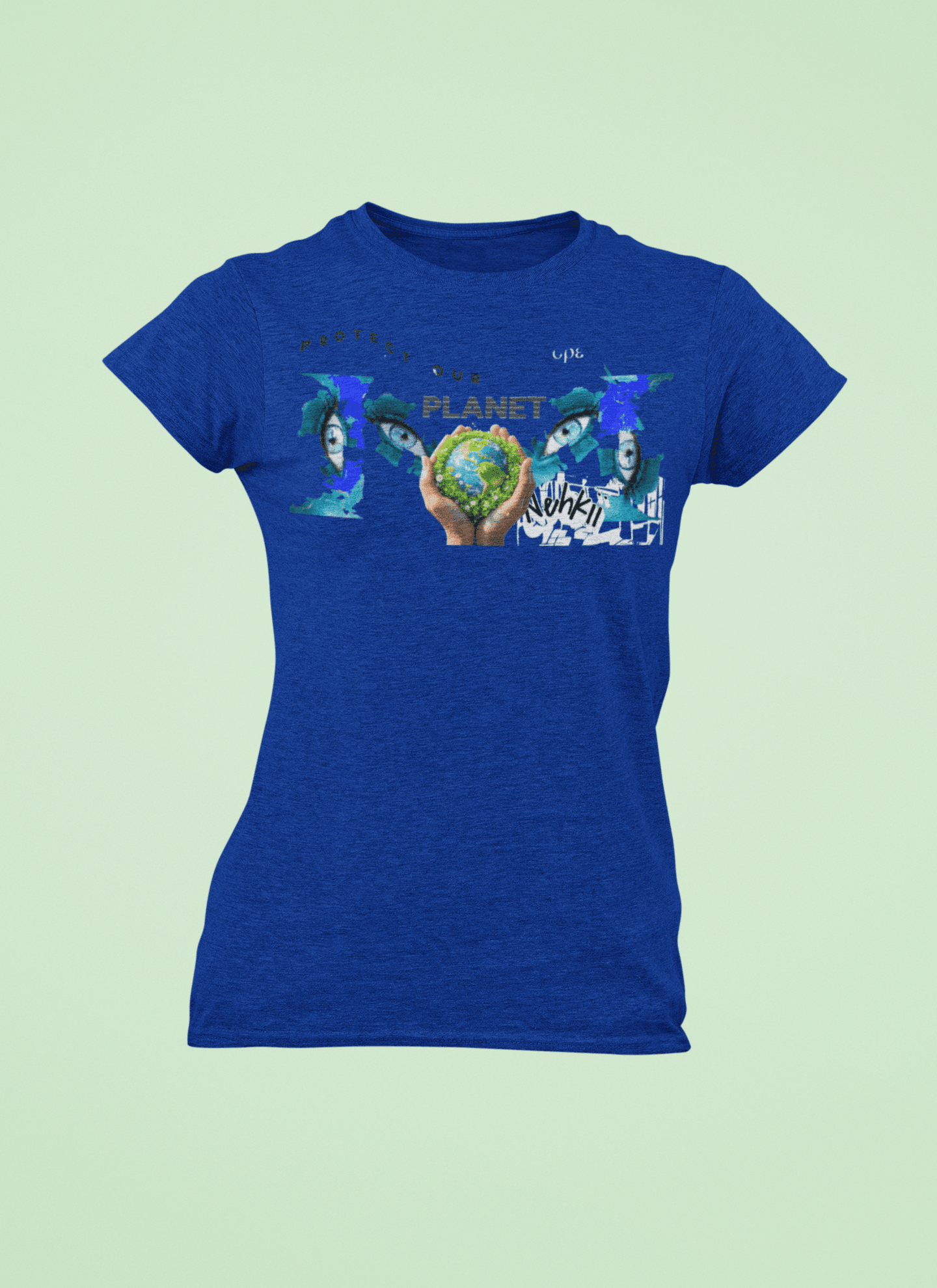 Blue Eco T-Shirt for Women with bold 'Save Our Planet' artwork. Sustainable 100% cotton top for eco-aware wardrobes.