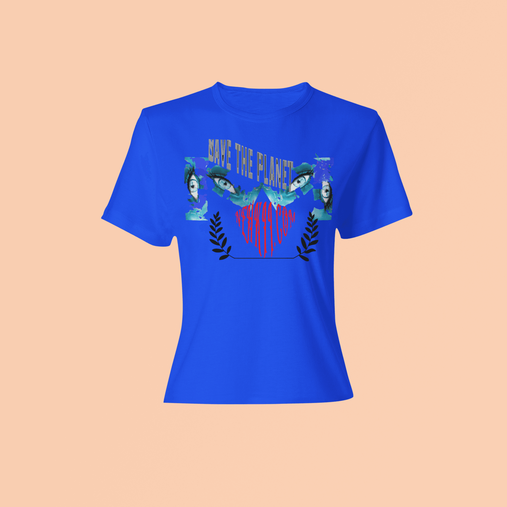 Blue Eco Inspire T-Shirt featuring bold 'Save the Planet' print and artistic collage. Sustainable, breathable tank top for eco-conscious fashion.