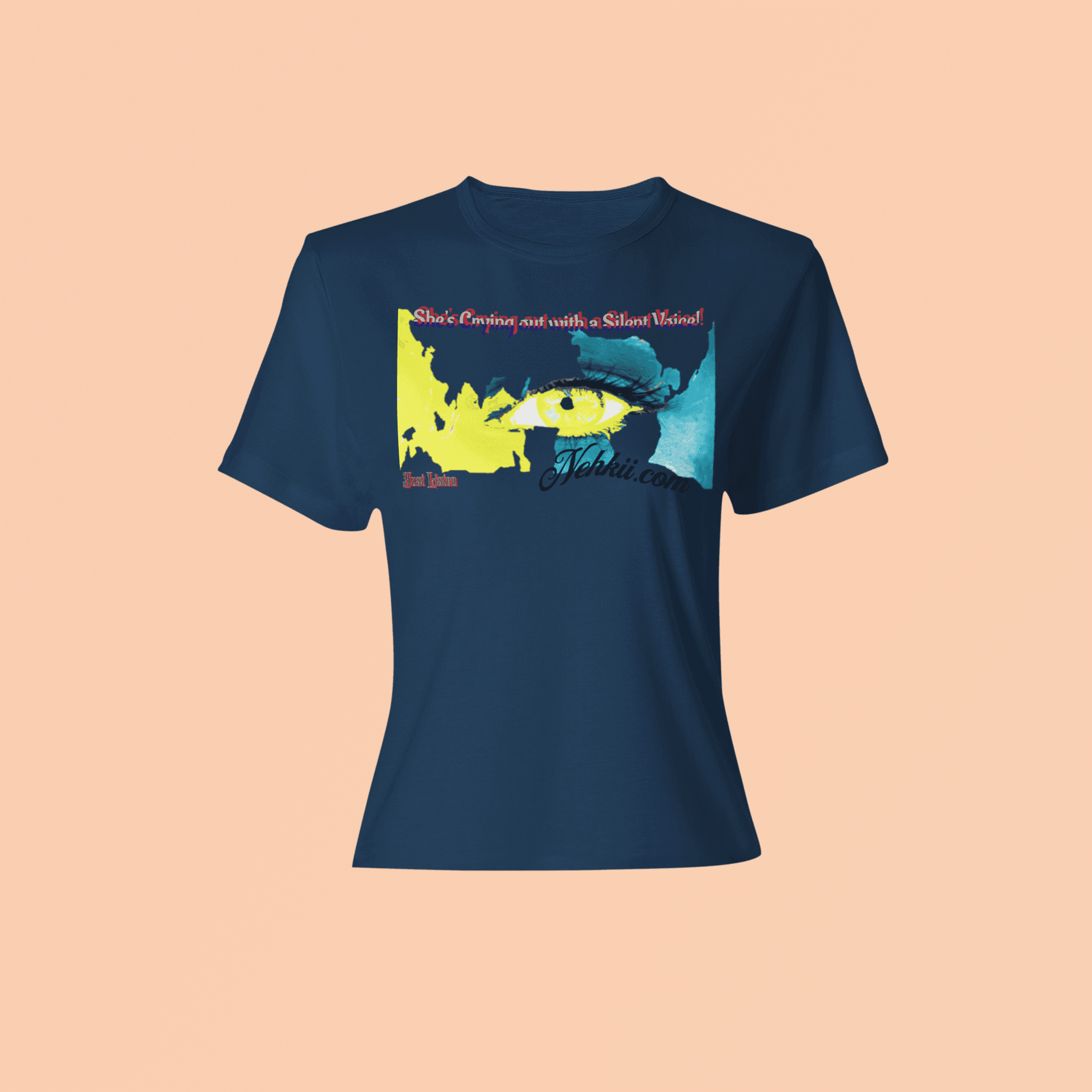 Navy blue Future T-Shirt - Sustainable | Unity & Inspiration with colorful eye and liberty print, encouraging unity and eco-conscious living.