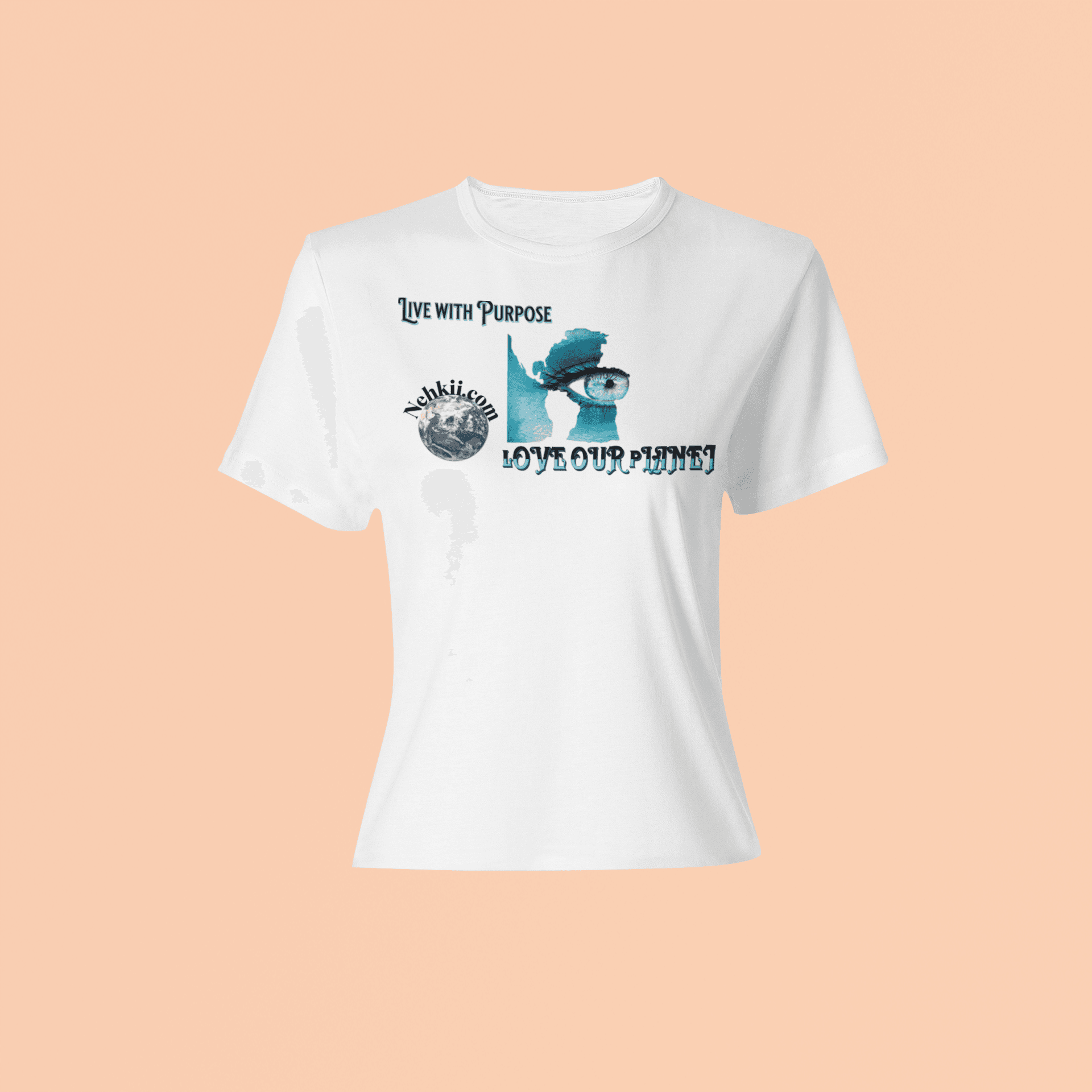 White eco-friendly men's t-shirt with 'Make Earth Smile Again' slogan and planet graphic. Sustainable cotton for comfort and style.