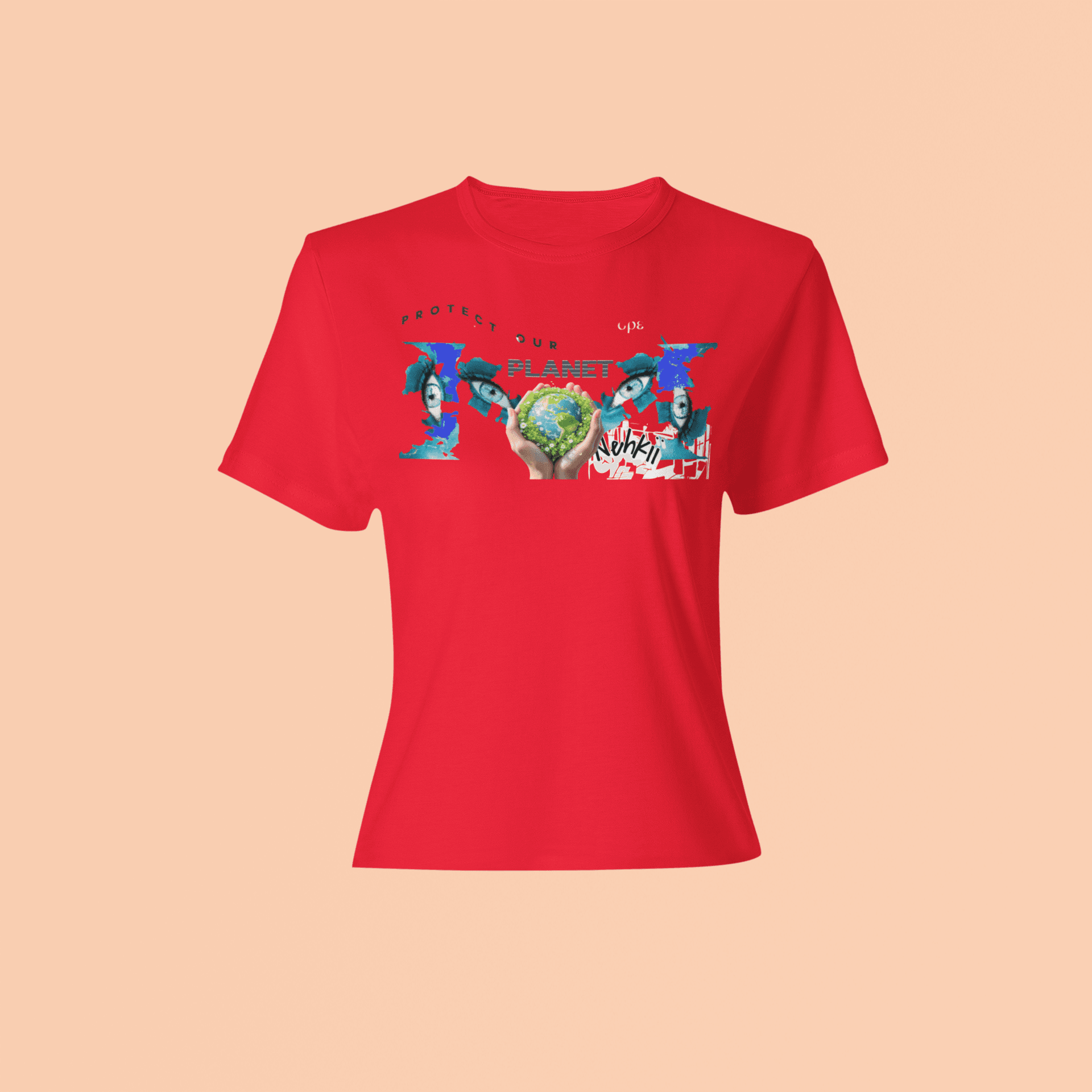 Eco-Friendly Men's T-Shirt - Be the Change in red with 'Protect Our Planet' graphic, made from 100% cotton. Sustainable fashion for conscious living.