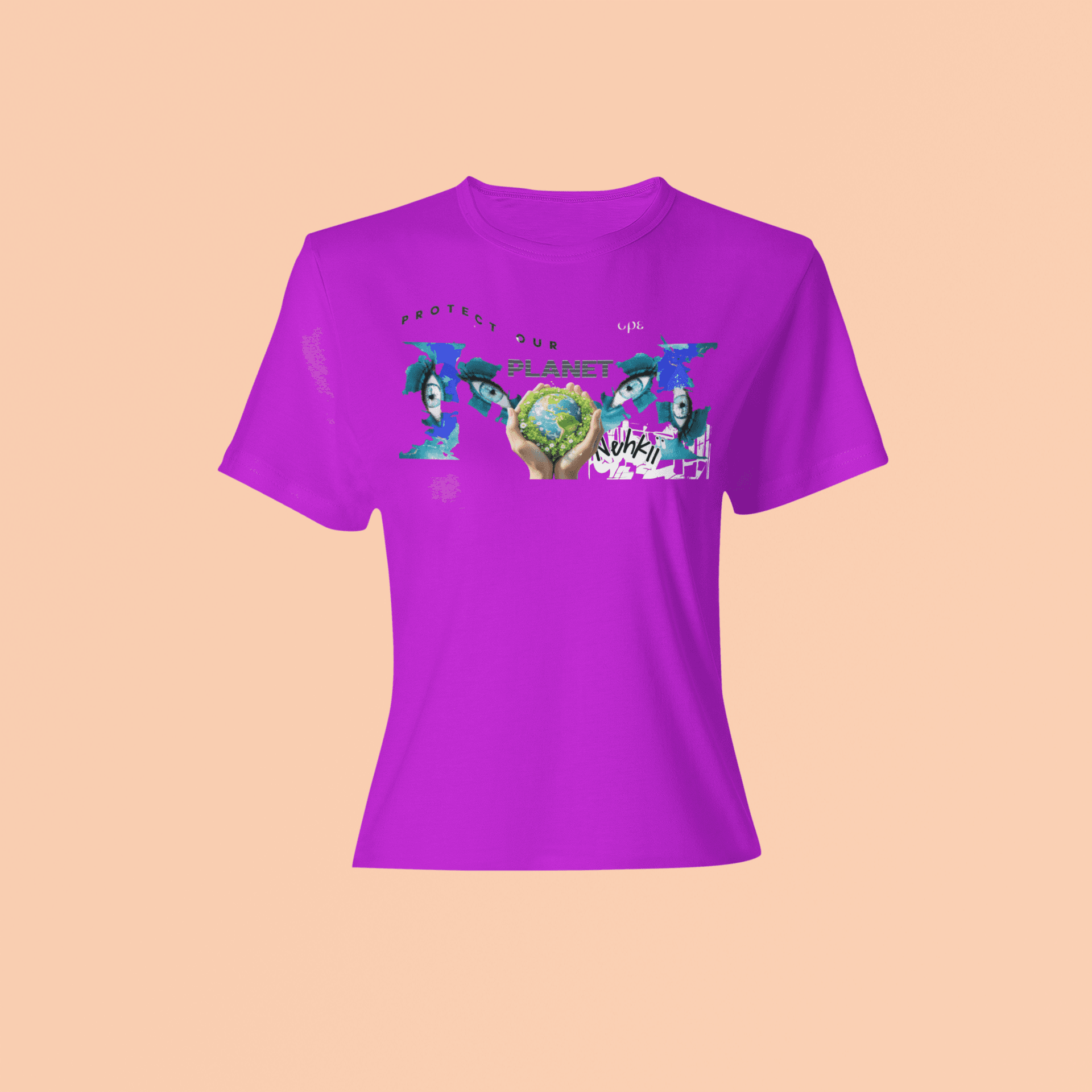 Eco-Friendly Men's T-Shirt - Be the Change in purple with artistic planet-themed print. 100% cotton for sustainable and stylish clothing.